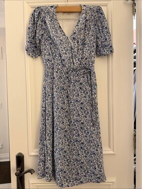 LOFT Blue and White Floral Wrap Midi Dress